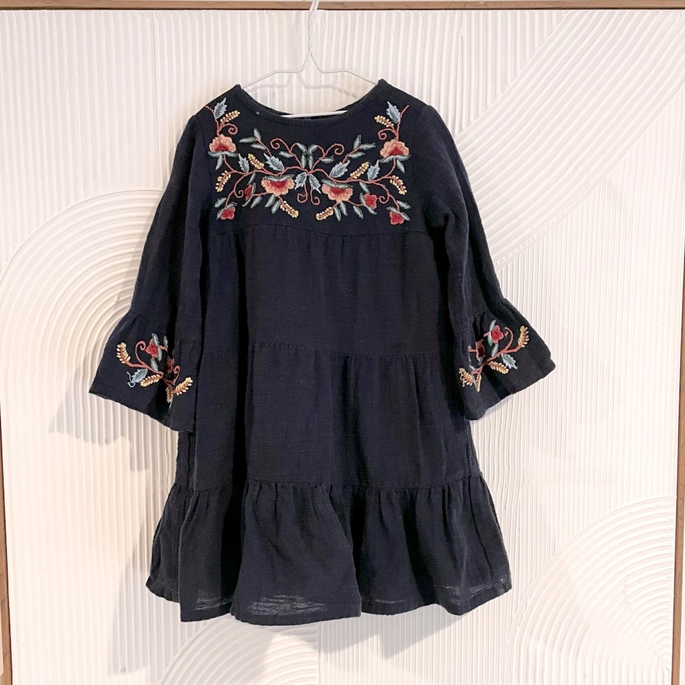 Zara girls embroidered boho dress size 5 navy ruffle sleeve tiered a-line tunic
